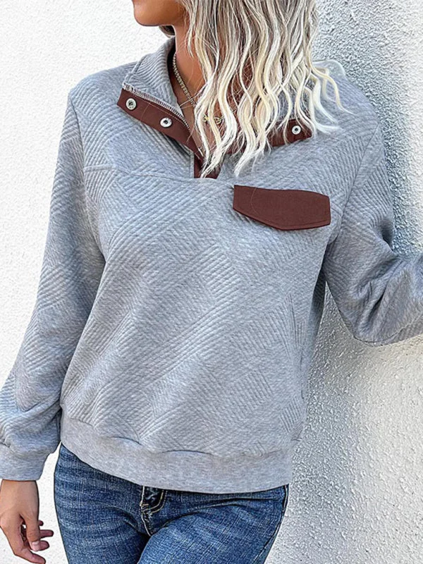 Chevron Raglan Sleeve Sweatshirt - T-shirt with High Neck, Faux Pocket