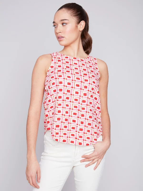 Printed Sleeveless Top with Side Buttons - Cherry