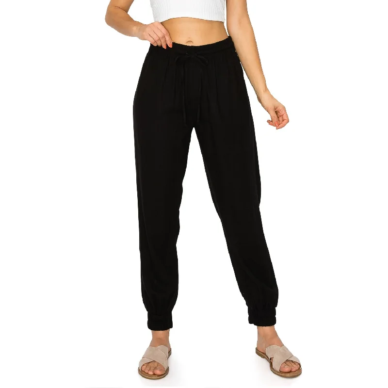 Drawstring Waist Linen Jogger Pants - Black