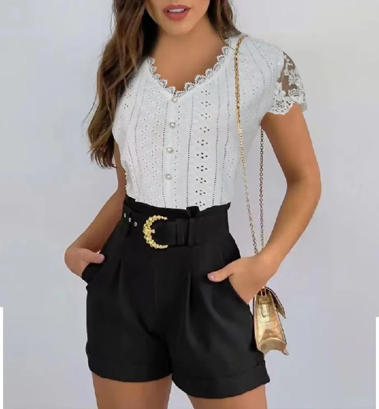 Fashion Solid Color Lace Sleeve T-shirt Blouses