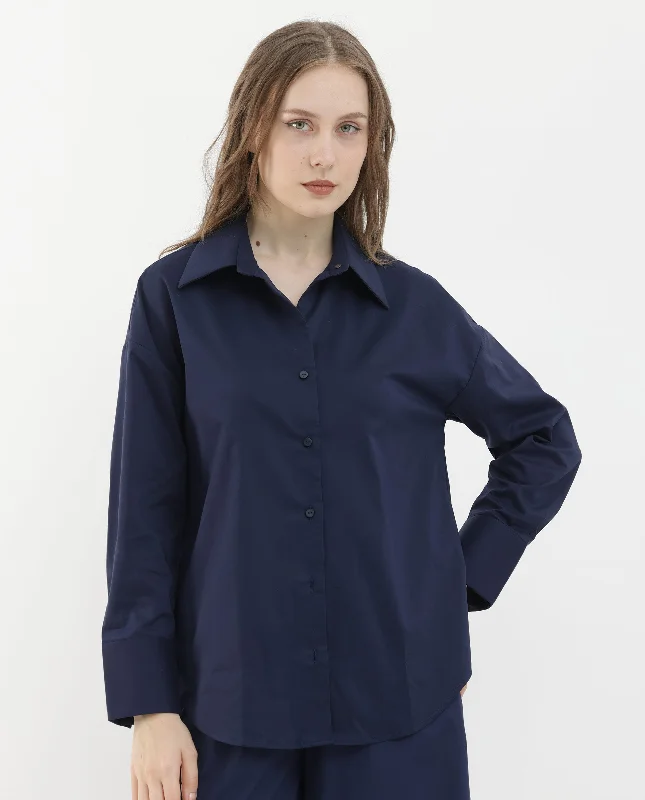 Rareism Women'S Klox Navy Cuffed Sleeve Shirt Collar Solid Shirt