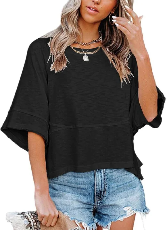 Summer Stitching Solid Color Round Neck Flare Blouses