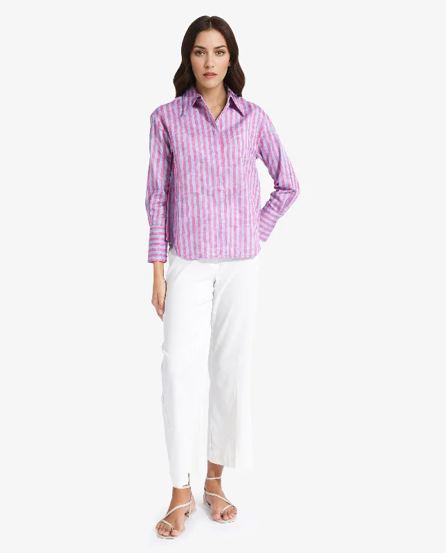 Rareism Women's Venice Pink Cuffed Sleeve Collared Neck Button Closure Narrow Stripes Shirt