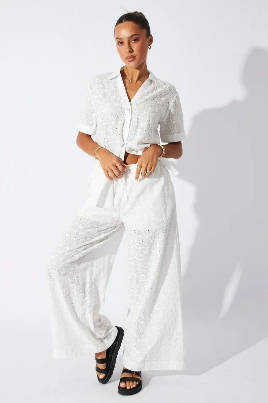 White Wide Leg Pants Mid Rise Eyelet