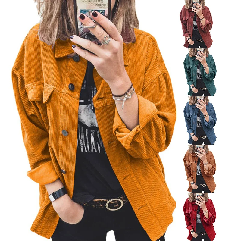 Women's Corduroy Solid Color Breasted Casual Loose Blouses