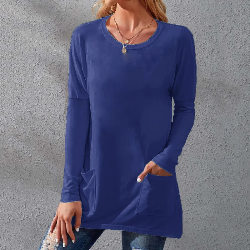 Women's Neck Long Sleeve Loose Pockets Solid Clothing