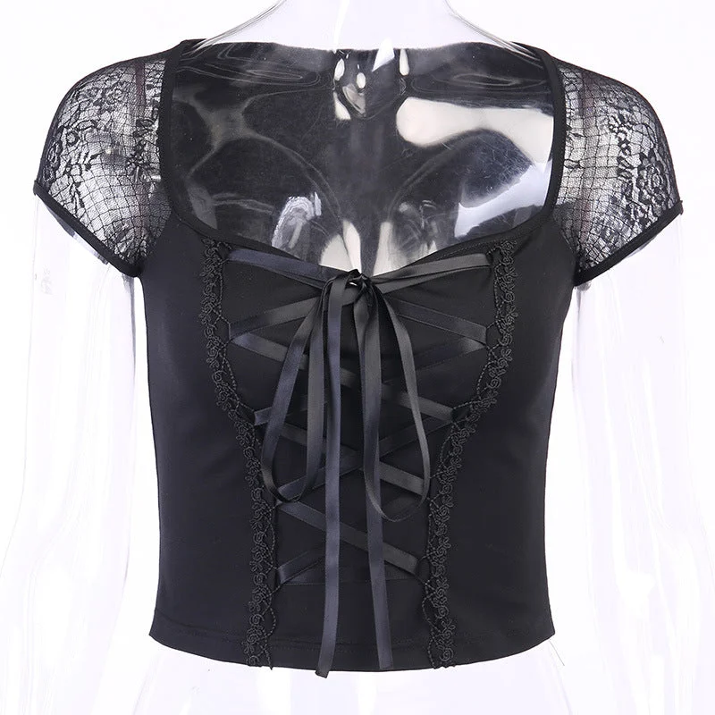 Women's Sexy Street Lace Stitching Square Collar Sleeve Blouses