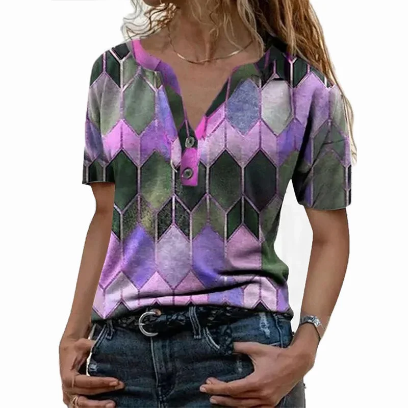 Women's Summer Short-sleeved Printed Color V-neck T-shirt Loose Blouses