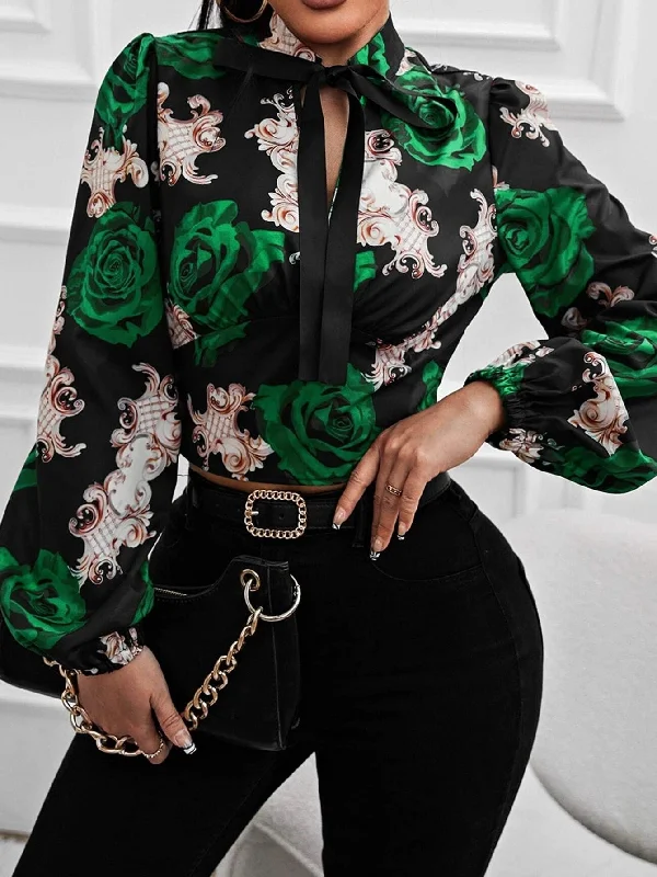 Autumn Flower Printed Lace Up Long Blouses