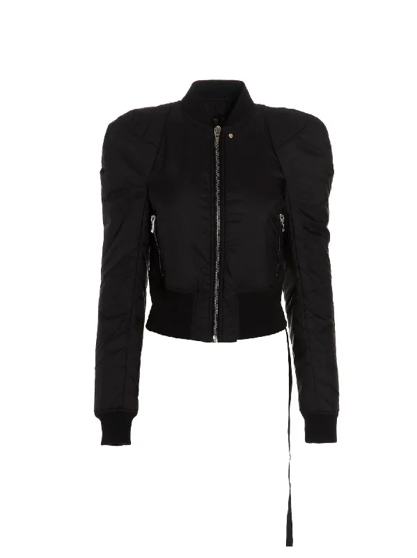 Cropped Zip Padded Bomber Jacket With Puff Shoulder And Side Zip In Black