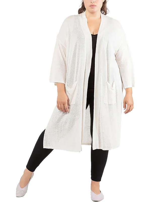 Plus Womens Linen Blend Cardigan Duster Sweater