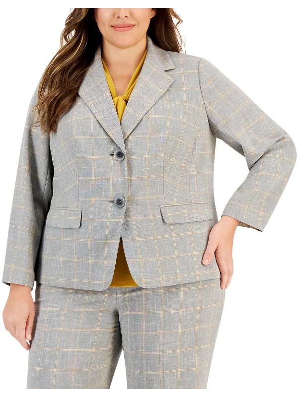 Plus Womens Window Pane Textured Two-Button Blazer