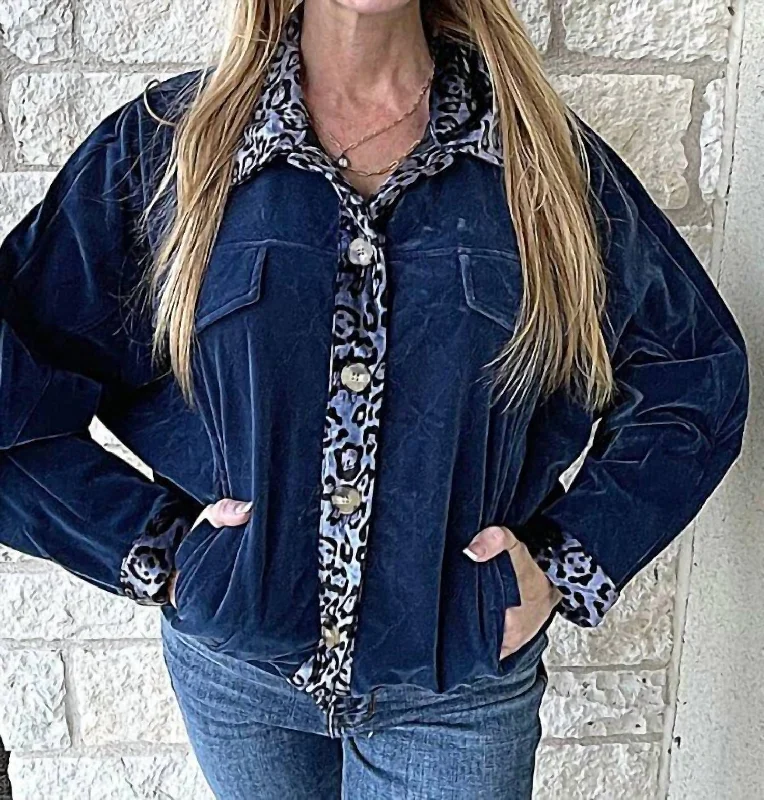 Velvet Button Up Jacket In Navy Blue