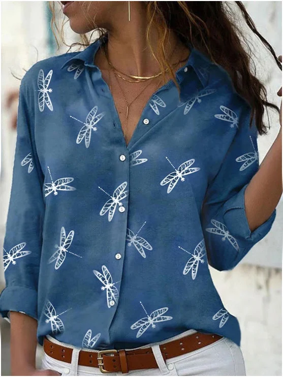 Women's Delivery Dragonfly Printed Long Sleeve Lapel Blouses