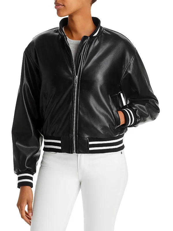 Womens Faux Leather Striped Trim Bomber Jacket