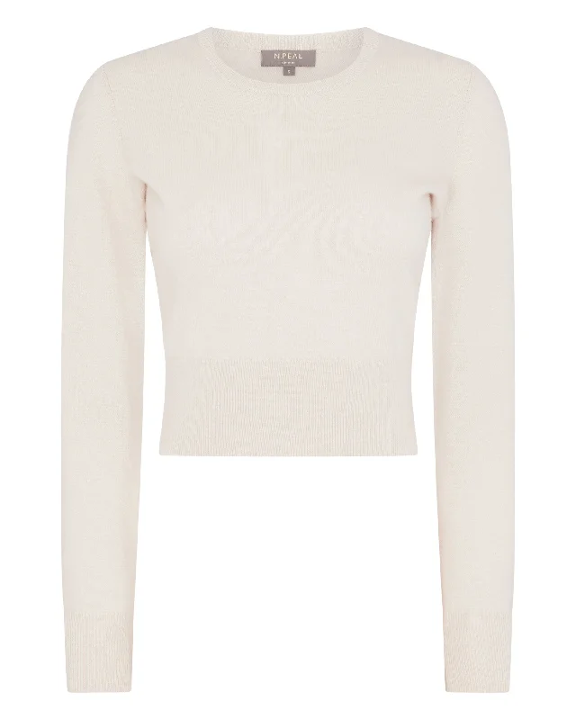 Women's Crop Round Neck Cashmere Sweater Almond White