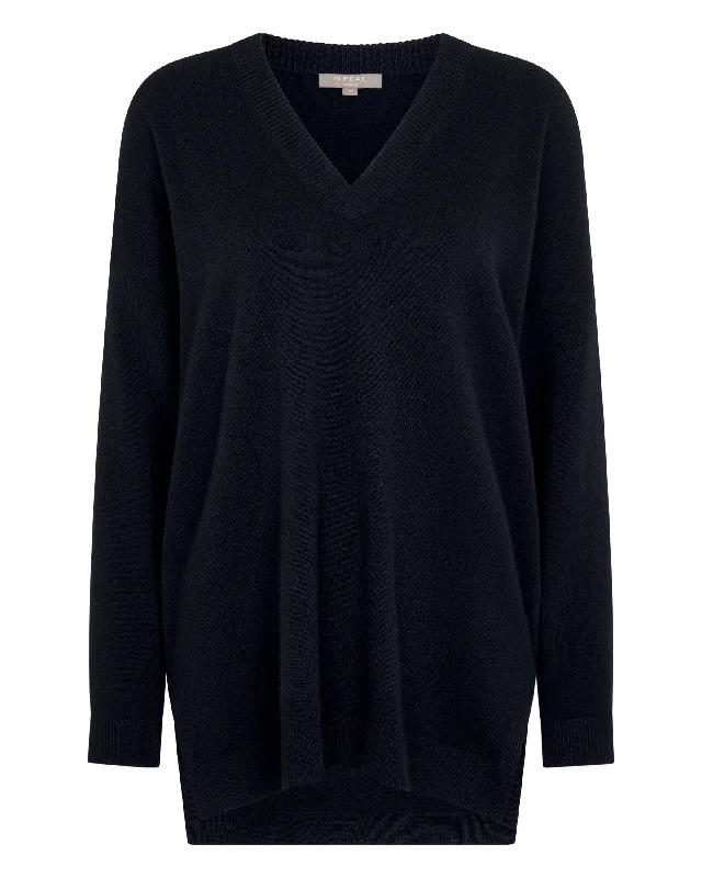 Women's Longline V Neck Cashmere Sweater Navy Blue